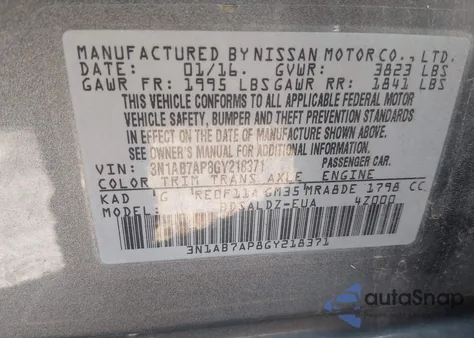 2016 Nissan Sentra Fe+ S/S/Sl/Sr/Sv from USA, damaged, VIN 3N1AB7AP8GY218371